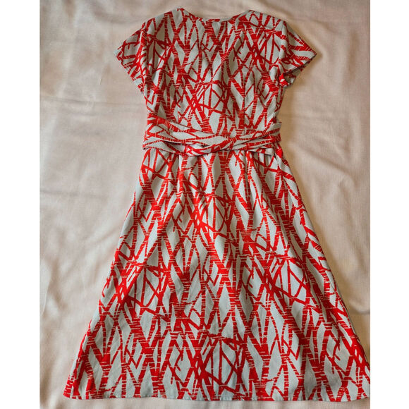 Sz XS YALY COUTURE Eggshell Blue Red Branch Print Crepe Short-sleeved Wrap Dress - Picture 2 of 7